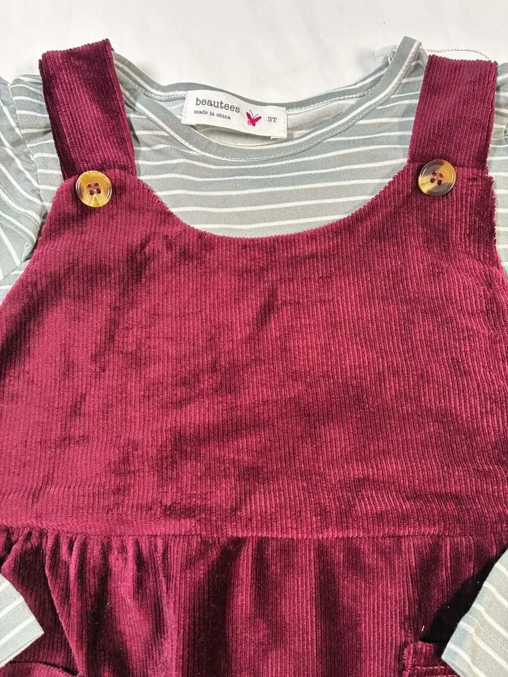 3T beautees Girls 2-Piece Burgundy Corduroy Pinafore Jumper and Striped Long Sle